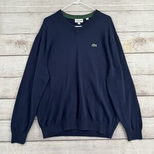 Lacoste Sweater Mens 2XL Navy Blue Classic Fit V Neck Pullover Cotton XXL Logo